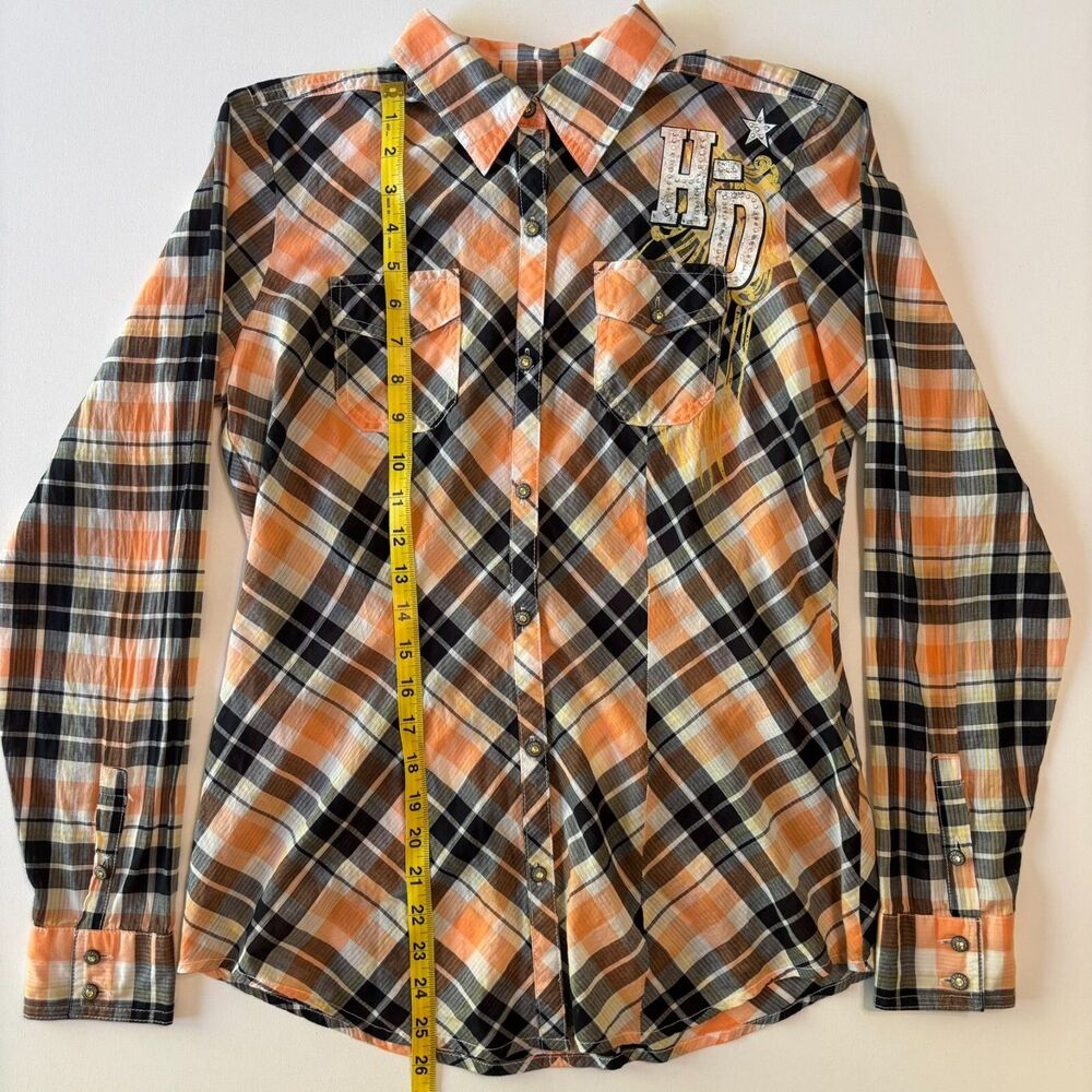 Harley Davidson Button Up Shirt Womens M Orange Plaid Rhinestone Angel Back Logo - Picture 7 of 16